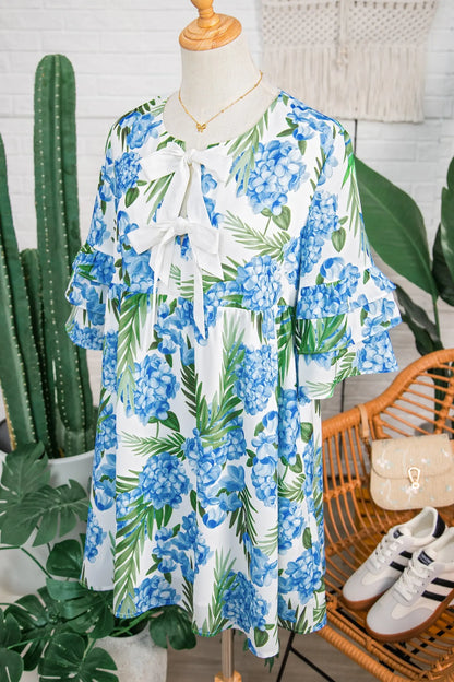 Sky Blue Palm Floral Print Contrast Ribbon Knot Ruffle Tiered Sleeve Mini Dress - Casual Dresses