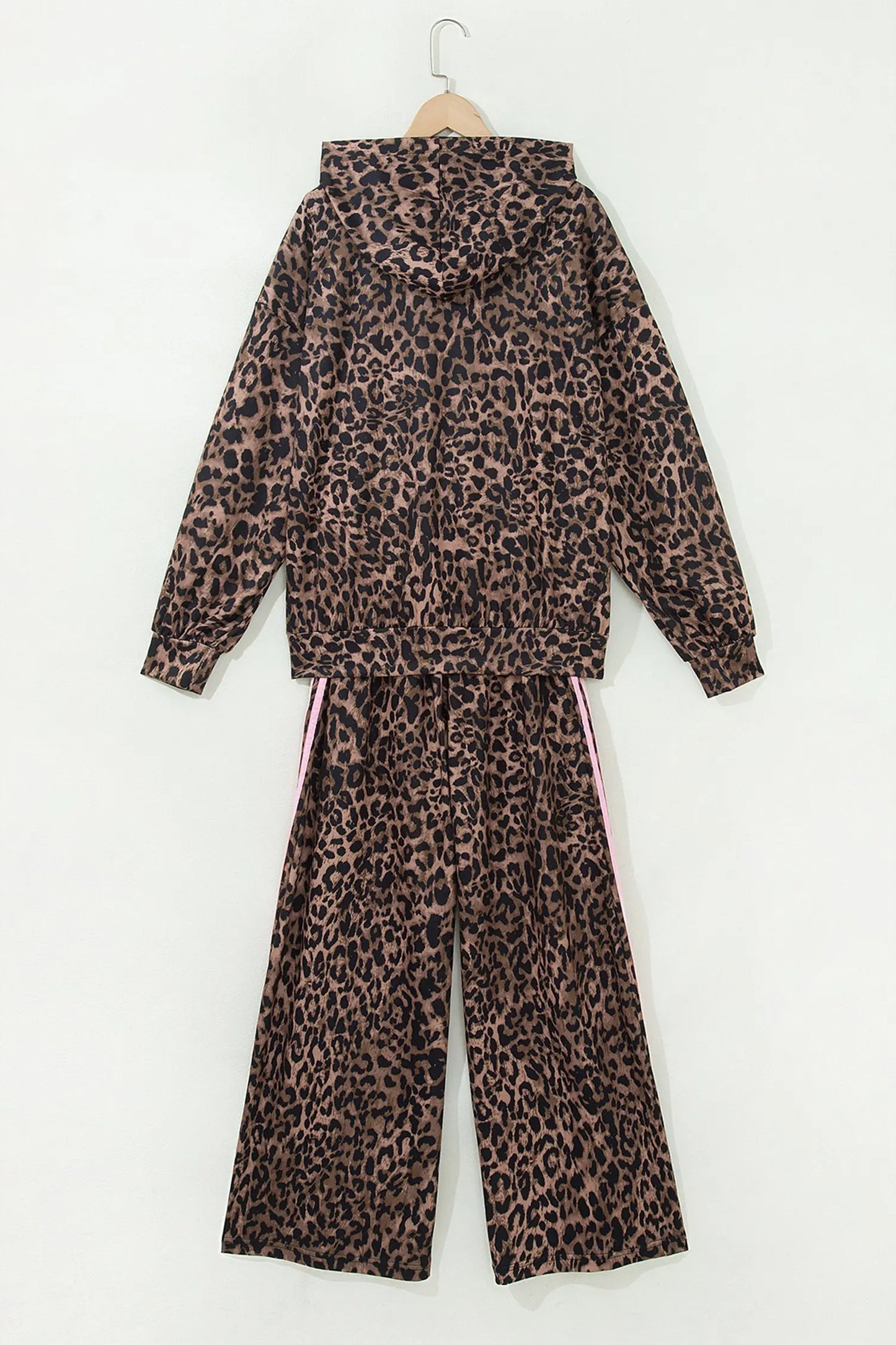 Brown Leopard Print Contrast Striped Detail Long Sleeve Top Pant Set