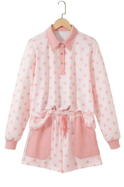 Pink Polka Dot Drop Shoulder Polo Loose Pullover Patch Pocket Casual Shorts Set