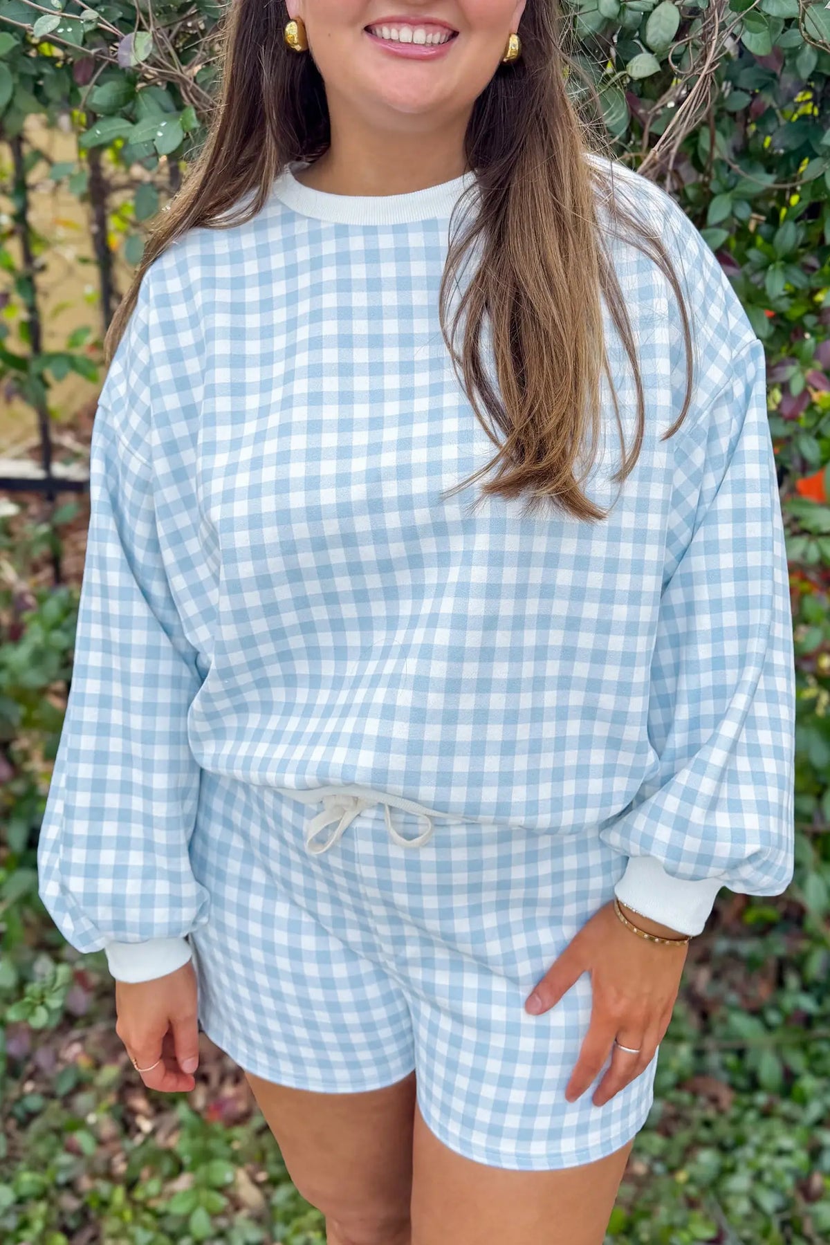 Sky blue gingham loose pullover top drawstring shorts plus size set model front view · nz-alt-v1