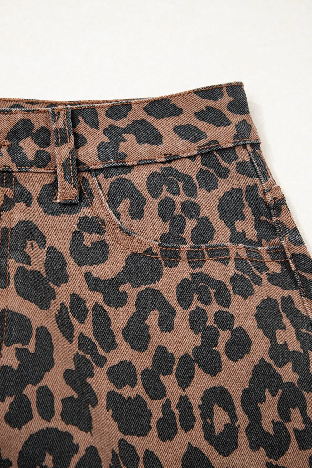 Brown Leopard Print Side Split Frayed Hem Denim Midi Skirt