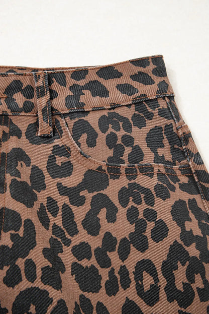Brown Leopard Print Side Split Frayed Hem Denim Midi Skirt