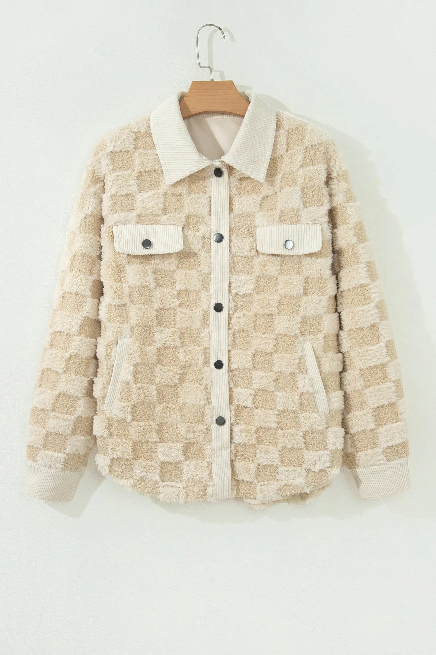 Khaki Plush Checkered Corduroy Trim Metal Button Long Sleeve Shift Silhouette Shacket