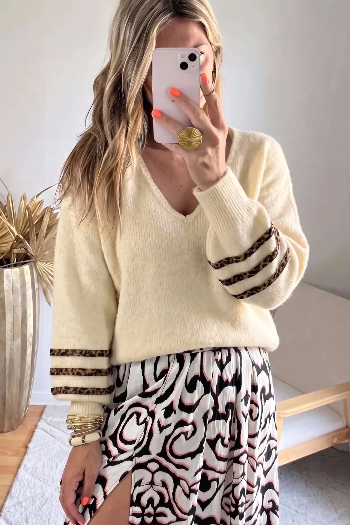 Beige V Neck Leopard Striped Detail Long Sleeve Casual Sweater model front view · nz-alt-v1