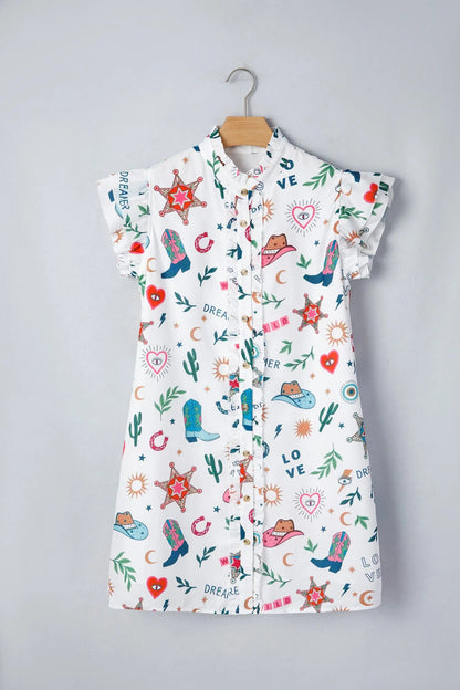 White Western Print Flutter Sleeve Button Down Mini Dress - Dresses/Mini Dresses