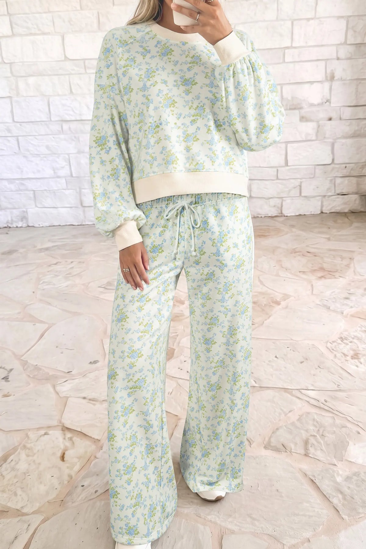 Sky Blue Floral Print Long Sleeve Top Drawstring Wide Leg Pants Set model front view · nz-alt-v1
