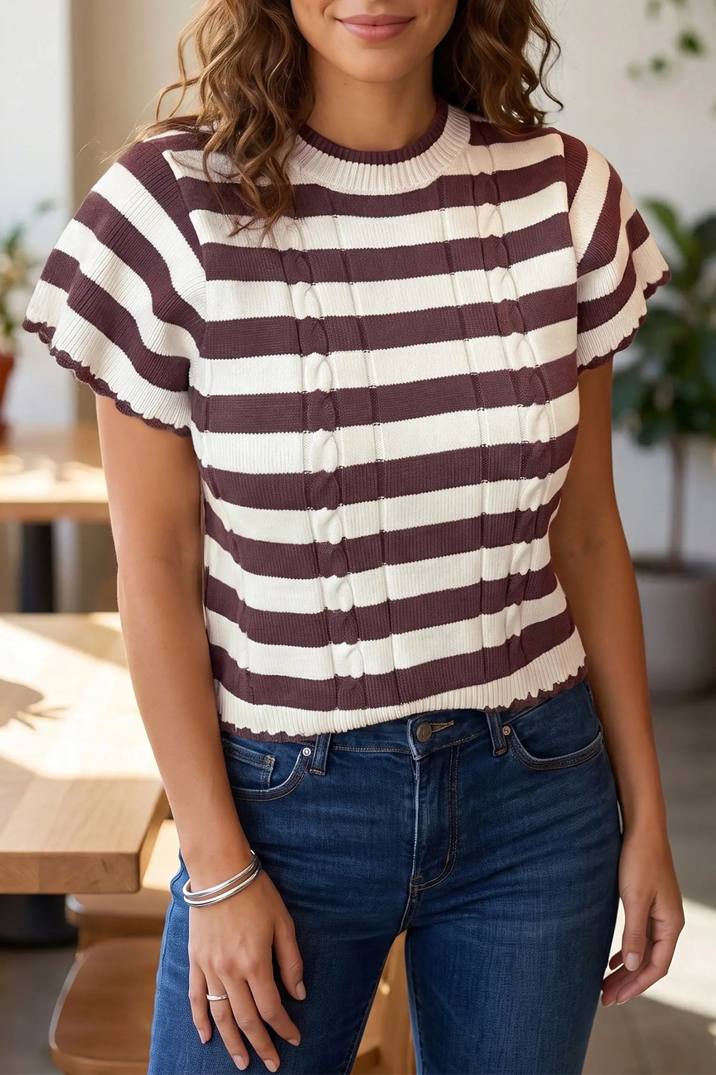 Brown Stripe Ribbed Knit Cable Detail Short Sleeve Sweater