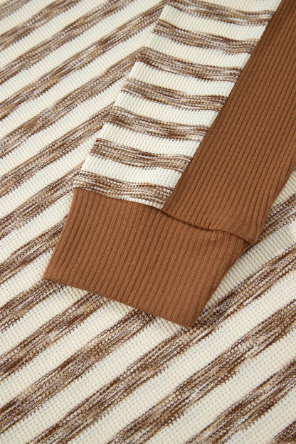 Brown Stripe Textured Knit Color Block Trim Long Sleeve Round Neck Top