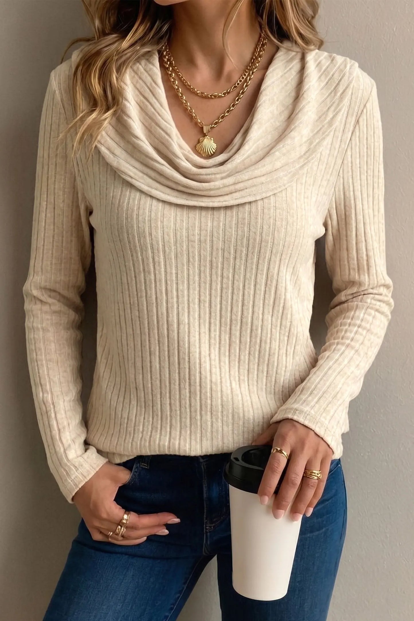 Apricot Solid Color Ribbed Knit Cowl Neck Long Sleeve Top