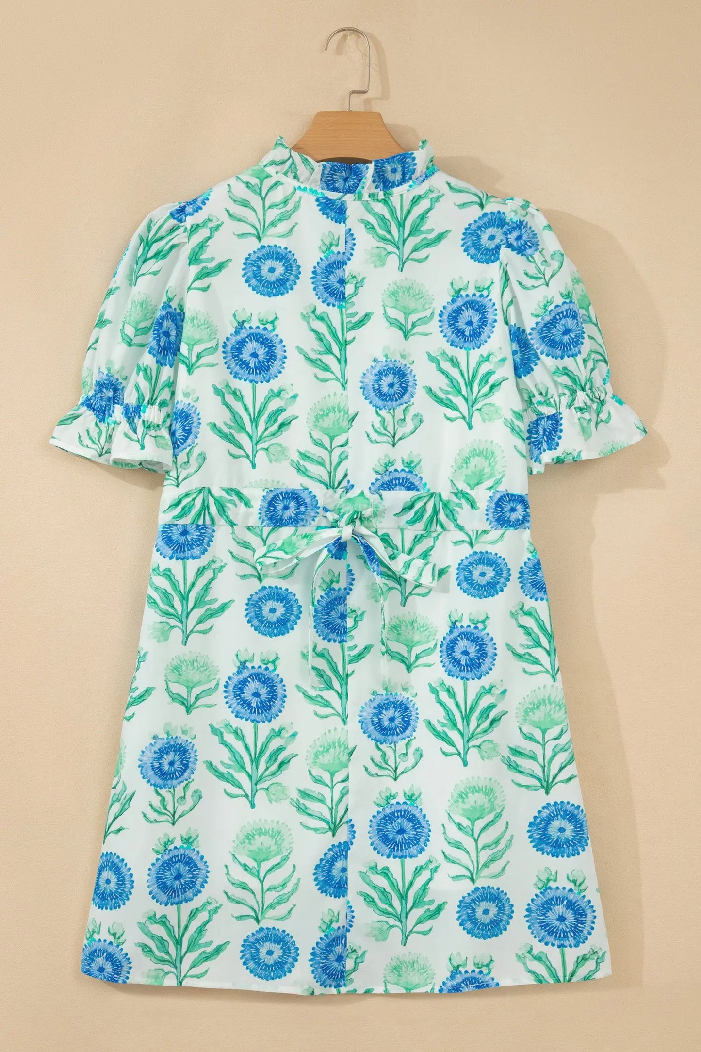 Sky Blue Floral Print Half Button Frilly Short Sleeve Dress