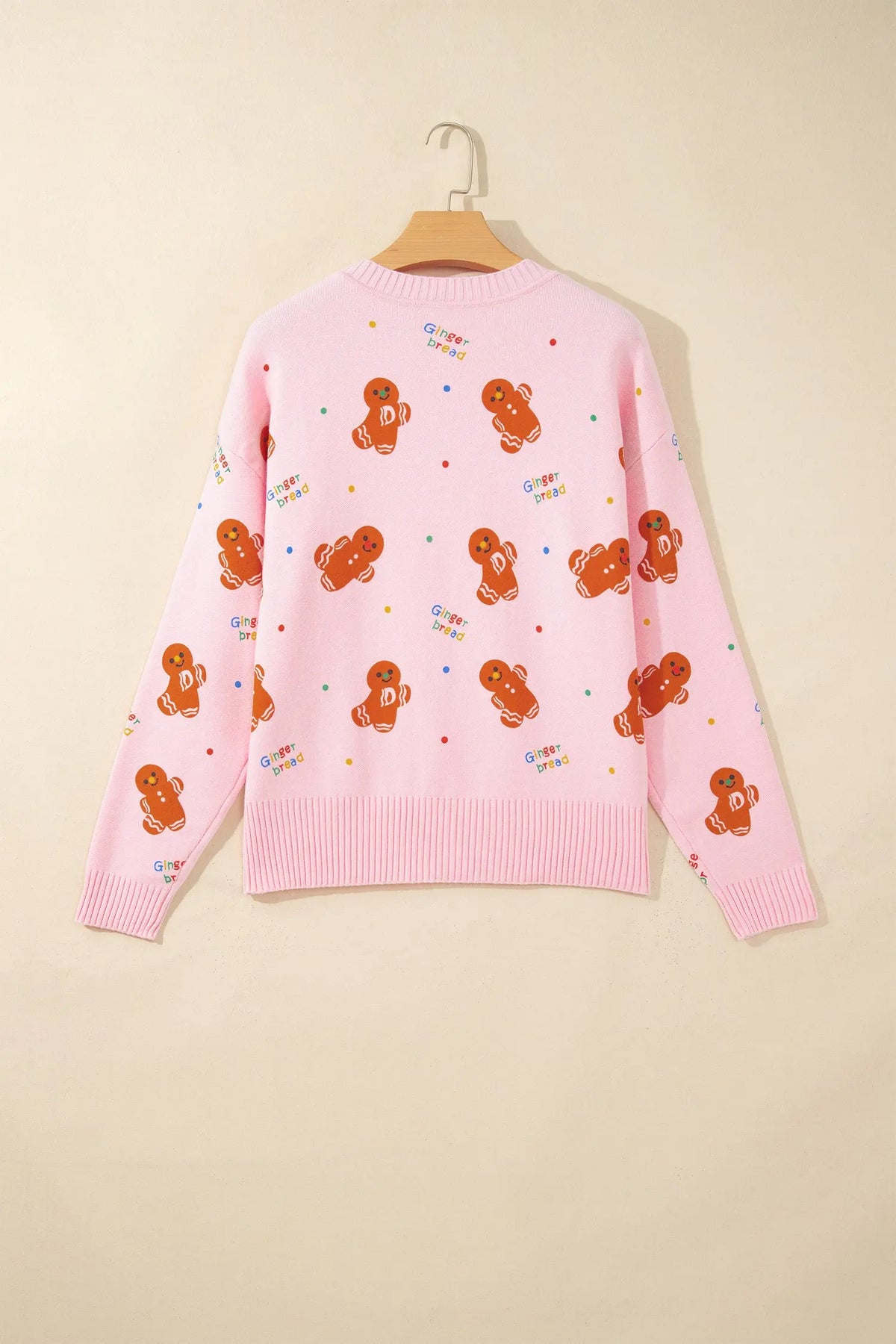 Pink Festive Gingerbread Pattern Long Sleeve Round Neck Sweater