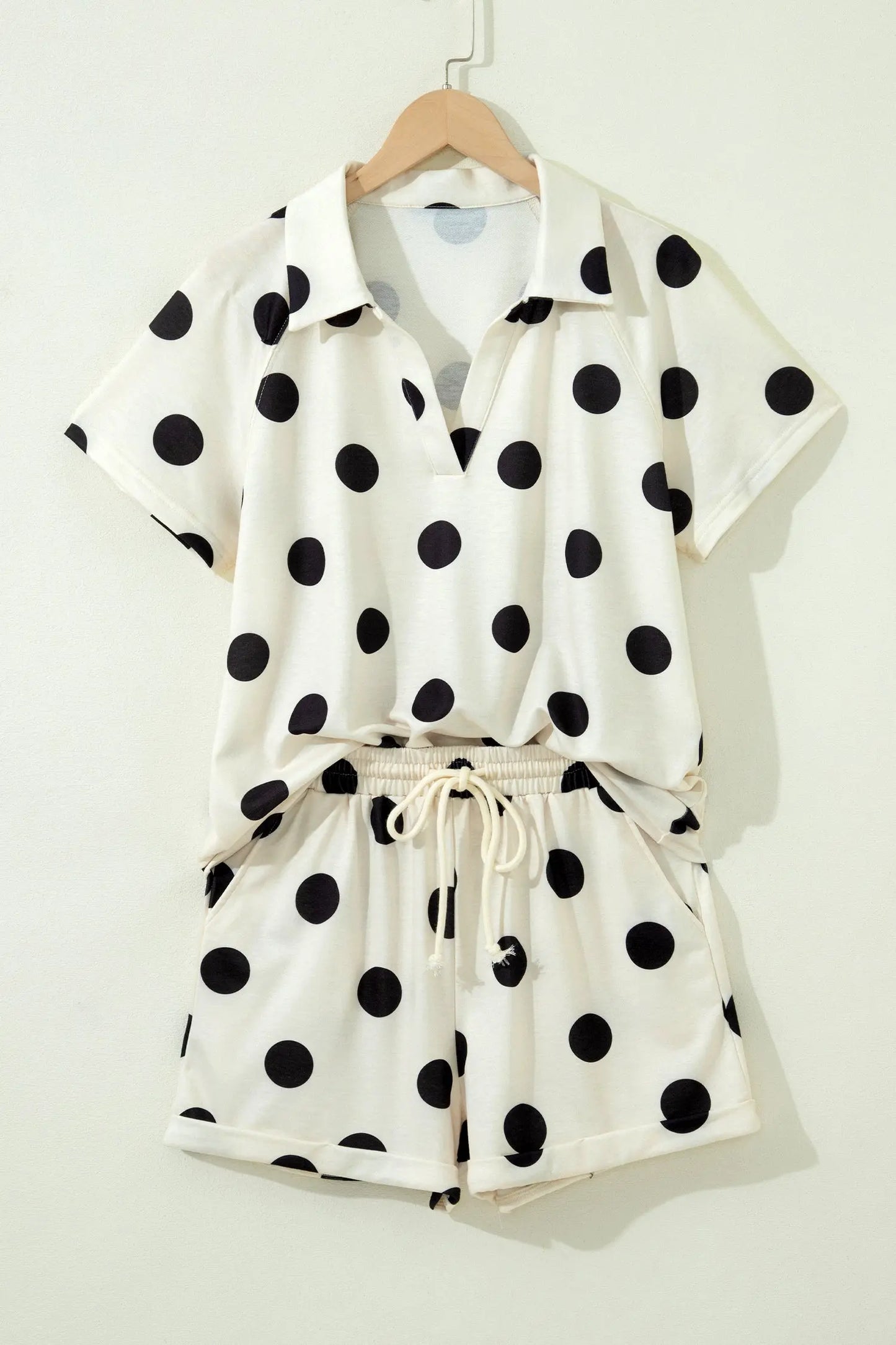 Beige Polka Dot Print V Neck Tee Short Set Nataliz