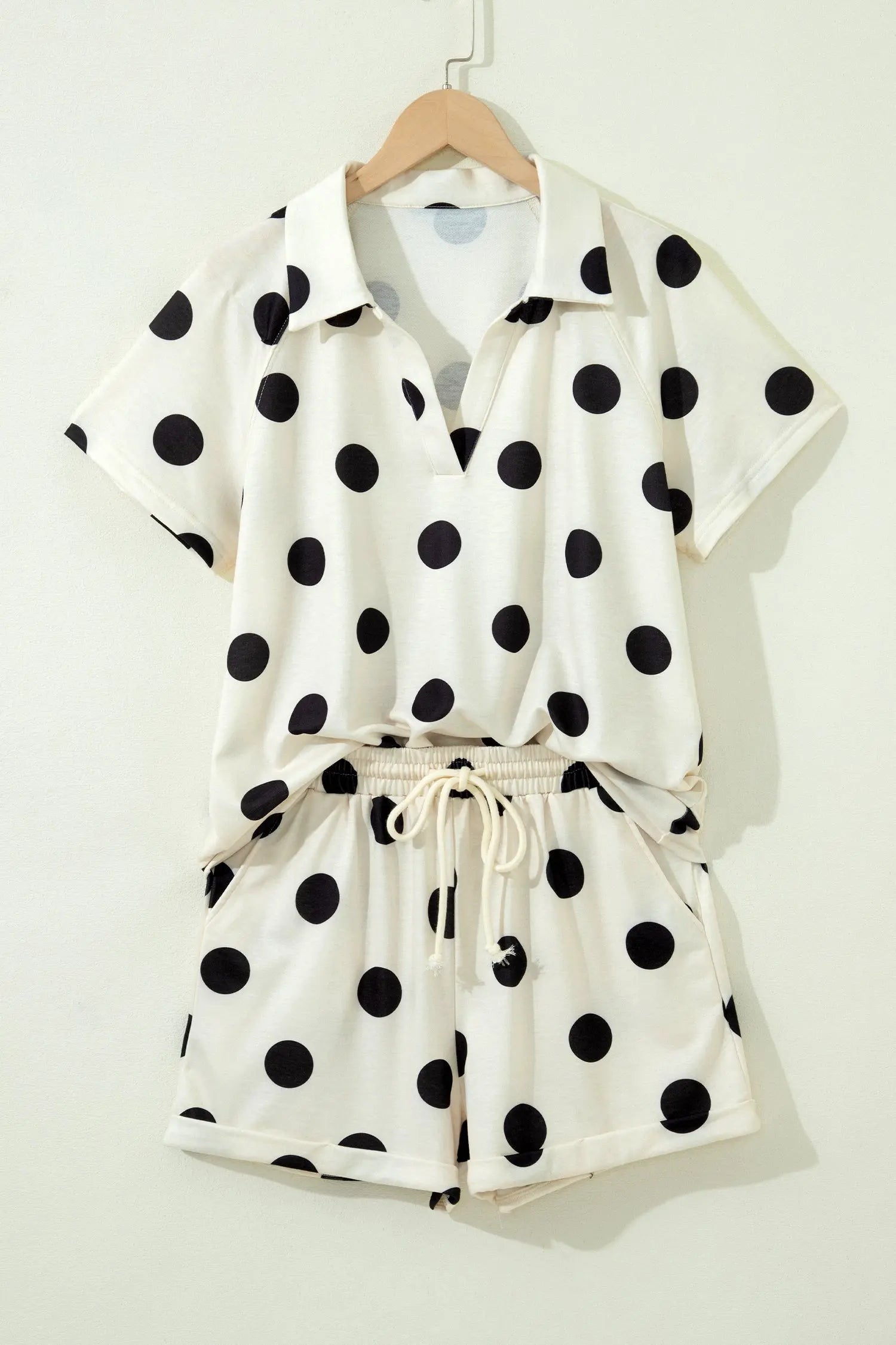Beige Polka Dot Print V Neck Tee Short Set Nataliz