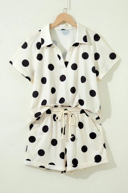 Beige Polka Dot Print V Neck Tee Short Set Nataliz
