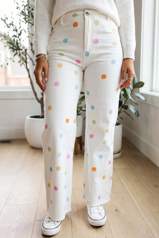 White High Waist Polka Dot Straight Leg Casual Jeans model front view · nz-alt-v1