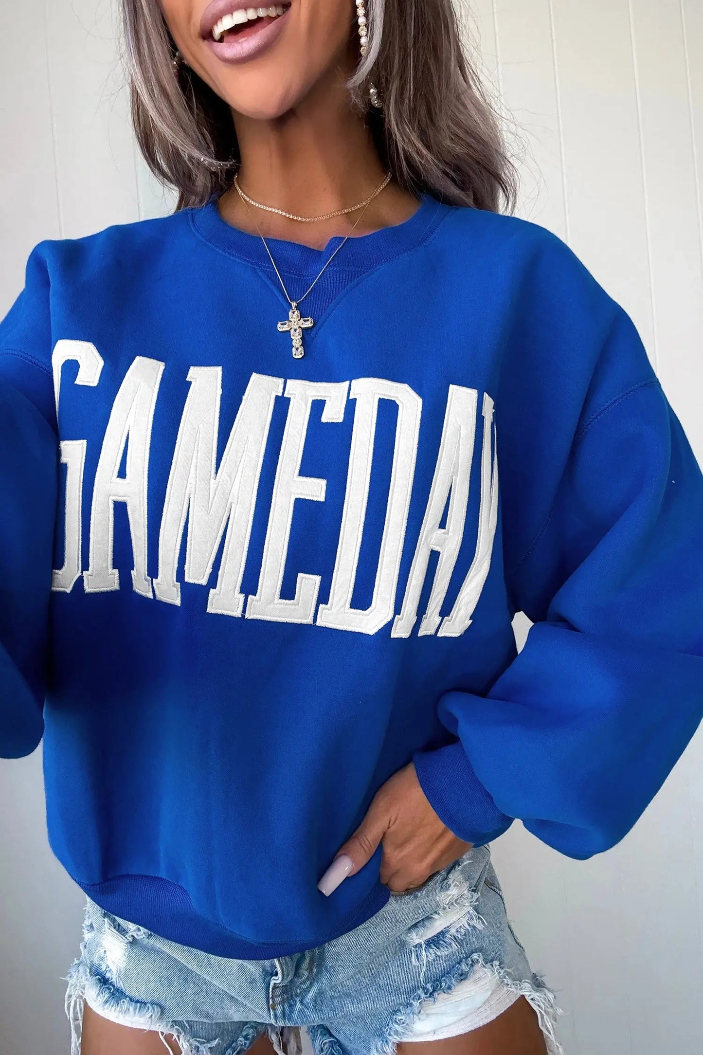 Sky Blue GAMEDAY Embroidered Patch Pattern Casual Shift Sweatshirt
