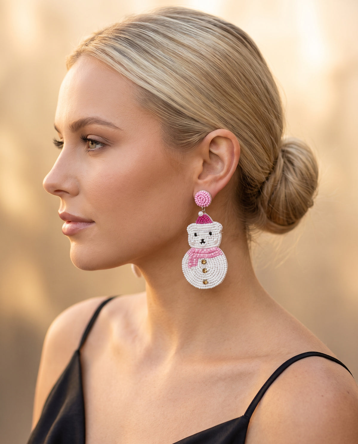 Beaded Polar Bear Statement Drop Earrings worn, side profile · nz-on-model-v1