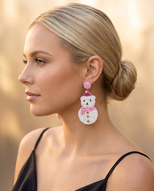 Beaded Polar Bear Statement Drop Earrings worn, side profile · nz-on-model-v1
