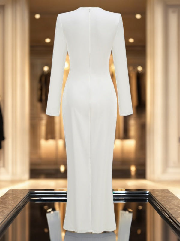 Chain Detail Wrap Maxi Dress in Ivory model back view · nz-bg-v1