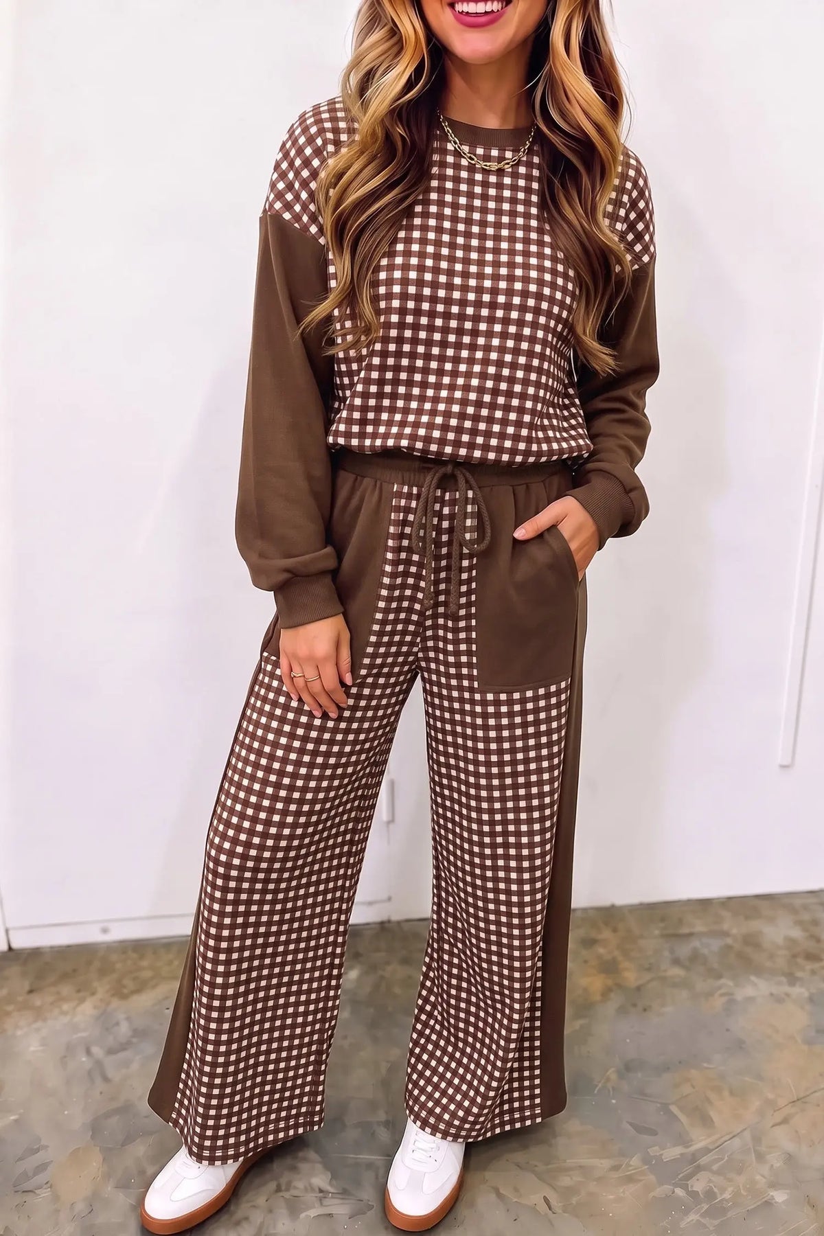 Brown color block plaid patchwork long sleeve pullover wide leg pant set model front view · nz-alt-v1