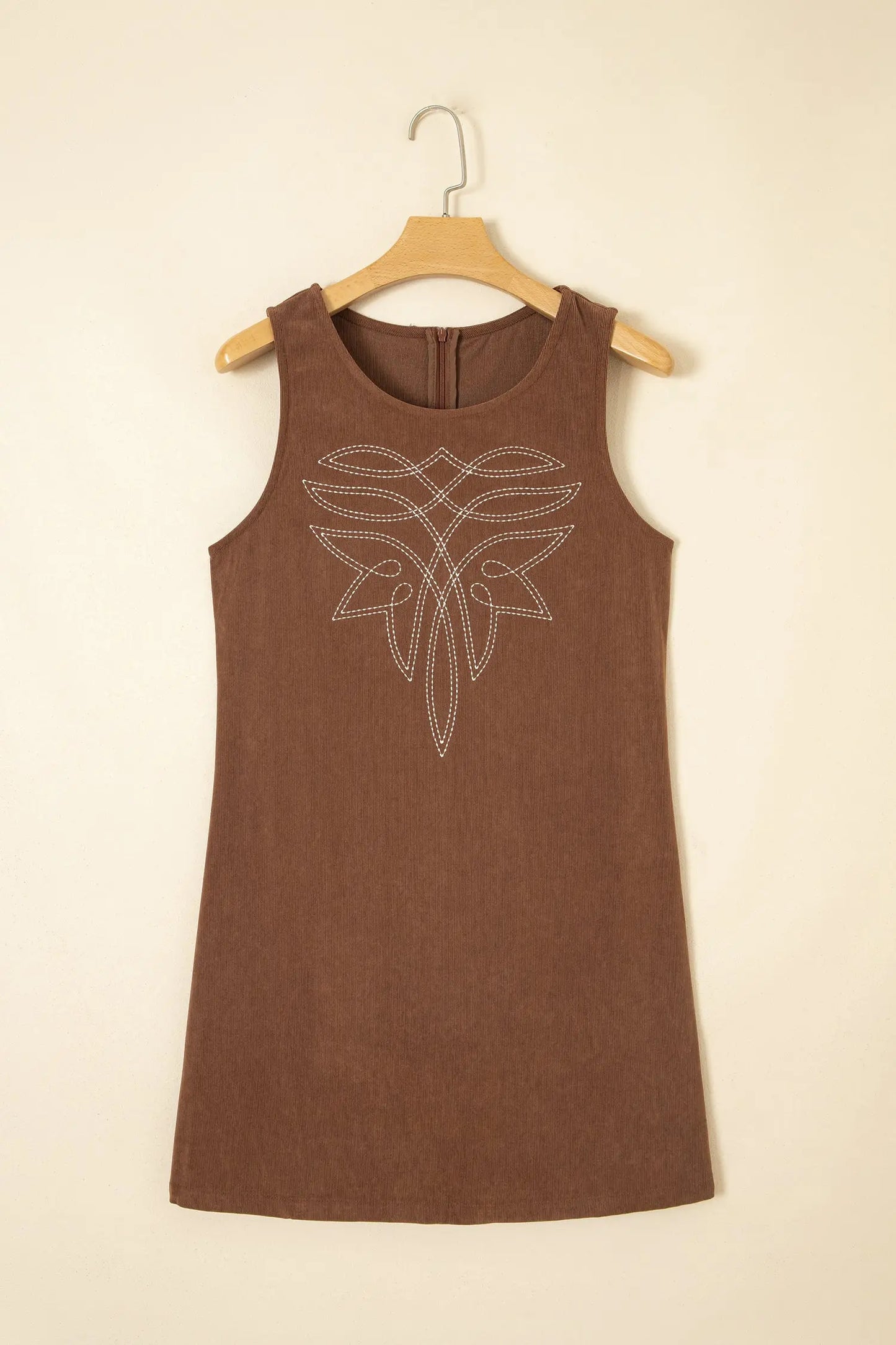 Coffee Geometric Embroidery Sleeveless Corduroy Shift Dress