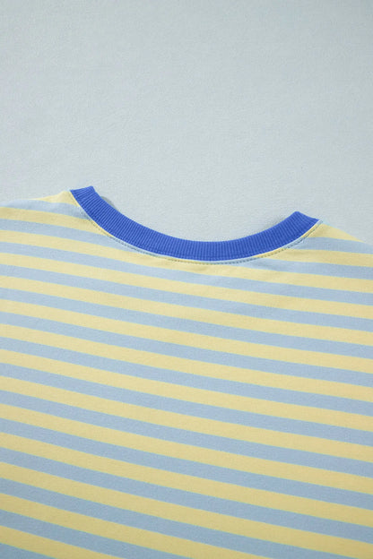 Yellow Stripe Colorblock Trim Crew Neck Loose Tee Drawstring Elastic Waist 2pcs Pant Set