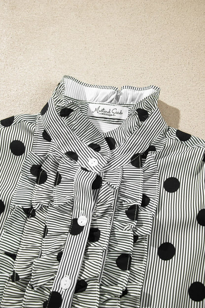 Fiery Red Polka Dot Striped Print Ruffle Stand Neck 3/4 Sleeve Shift Shirt