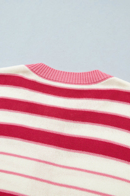 Red Stripe V Neck Long Sleeve Regular Fit Cardigan