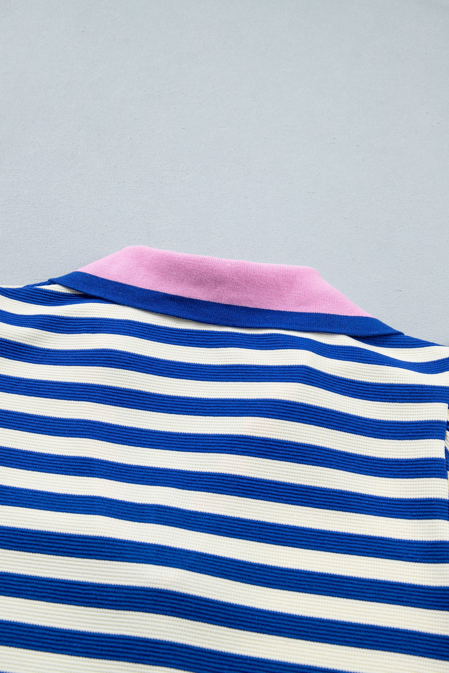 Blue Stripe Contrast Trim Polo Collar Ruffled Short Sleeve Blouse