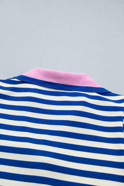 Blue Stripe Contrast Trim Polo Collar Ruffled Short Sleeve Blouse