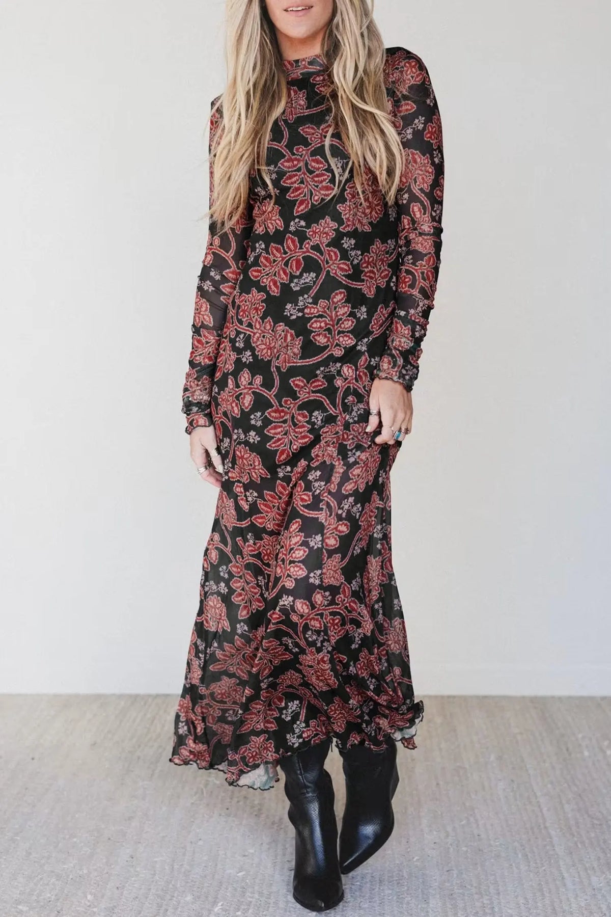 Black Retro Floral Print Long Sleeve Casual Mesh Dress model front view · nz-alt-v1