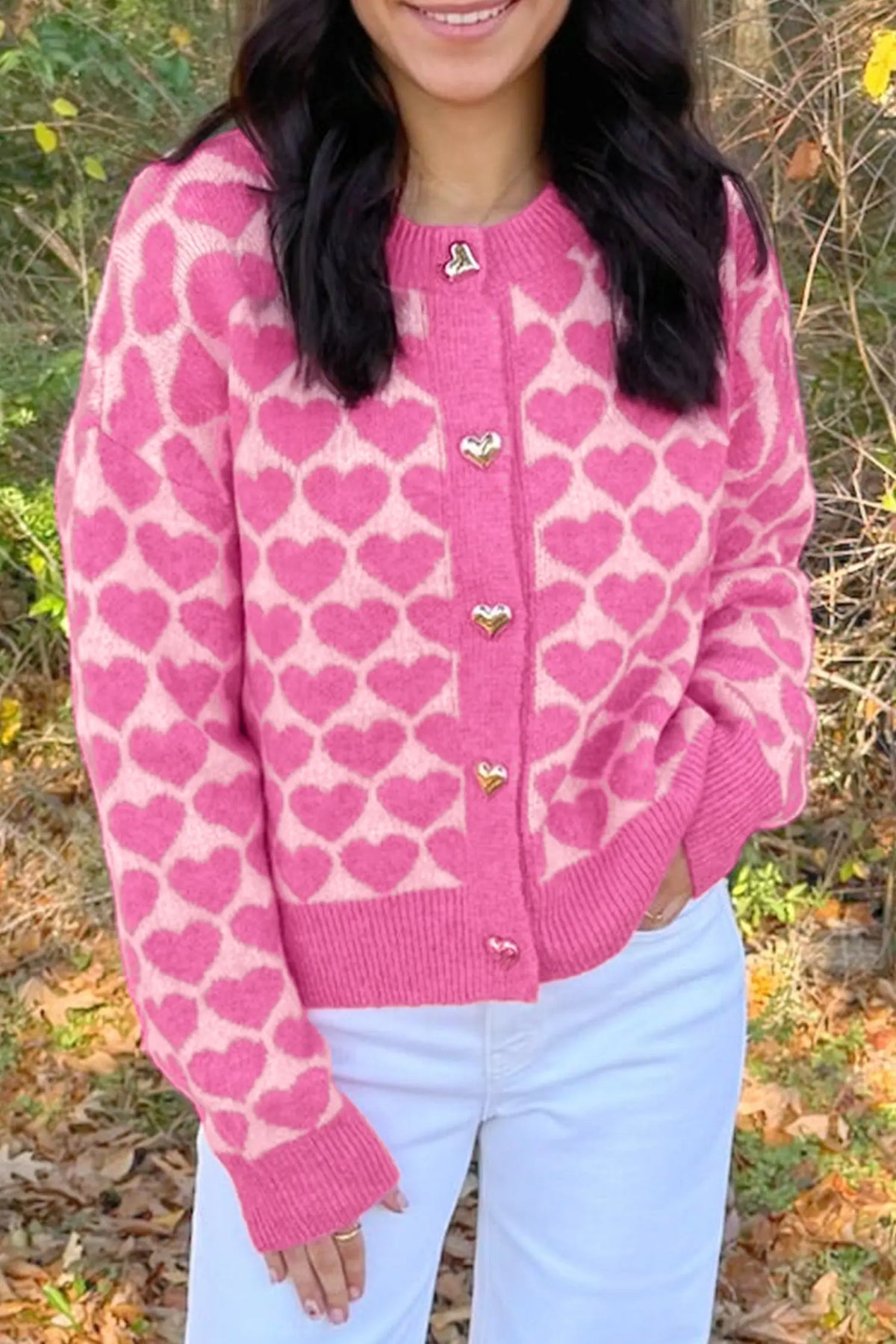 Heart Pattern Drop Shoulder Long Sleeve Button Front Cardigan
