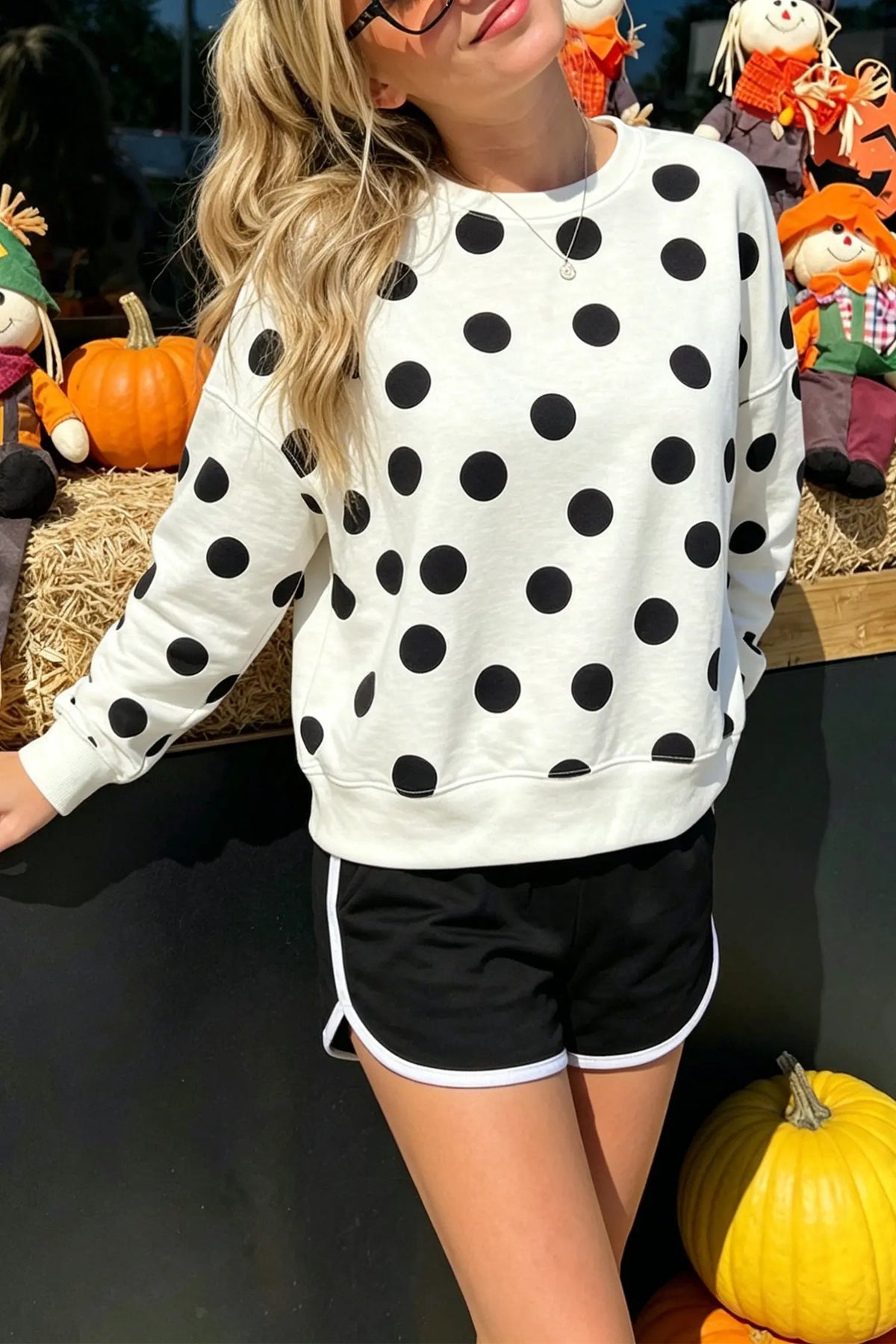 Casual Polka Dot Round Neck Pullover Sweatshirt