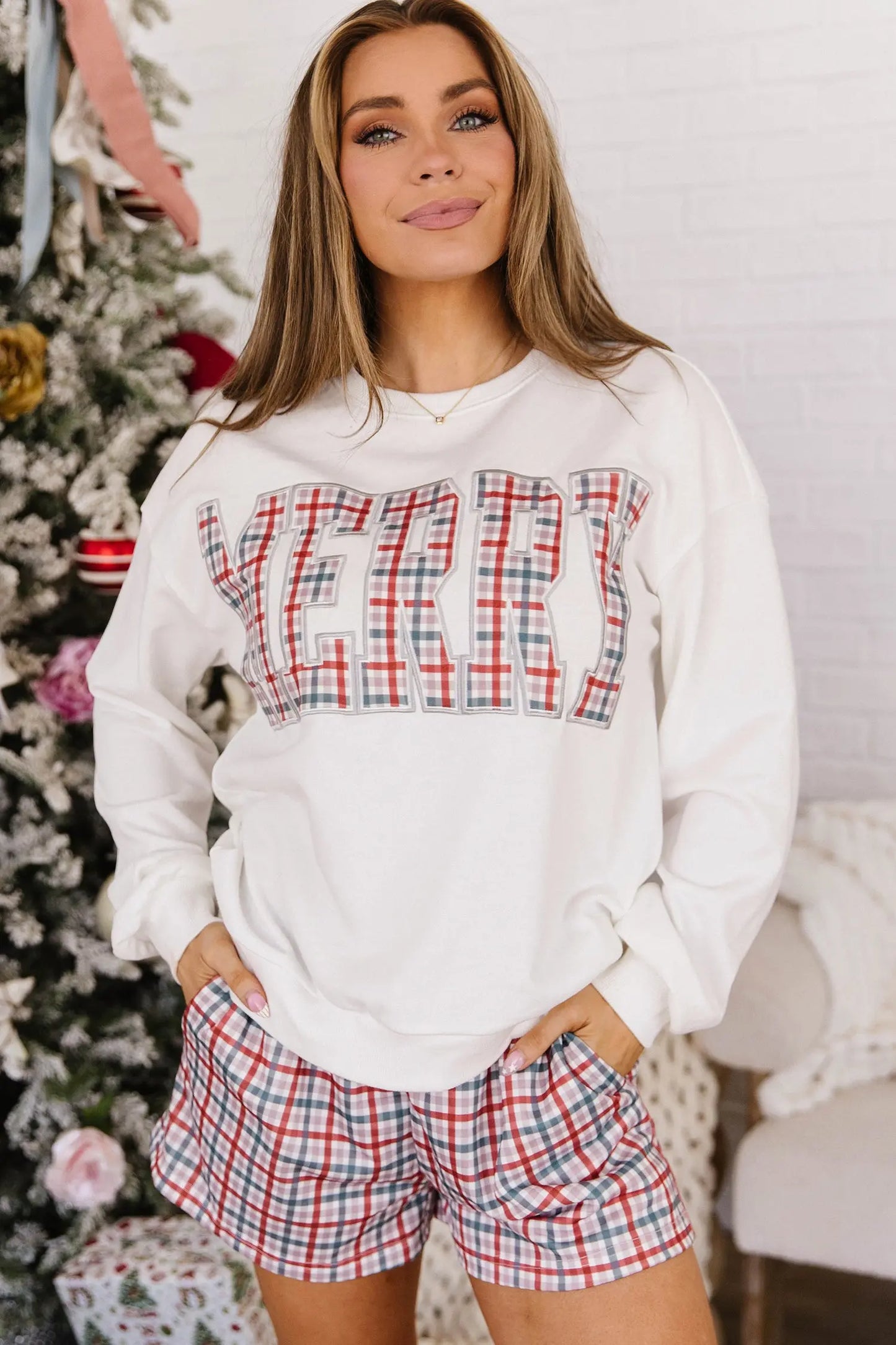 Multicolour Plaid MERRY Holiday Long Sleeve Top and Shorts Set