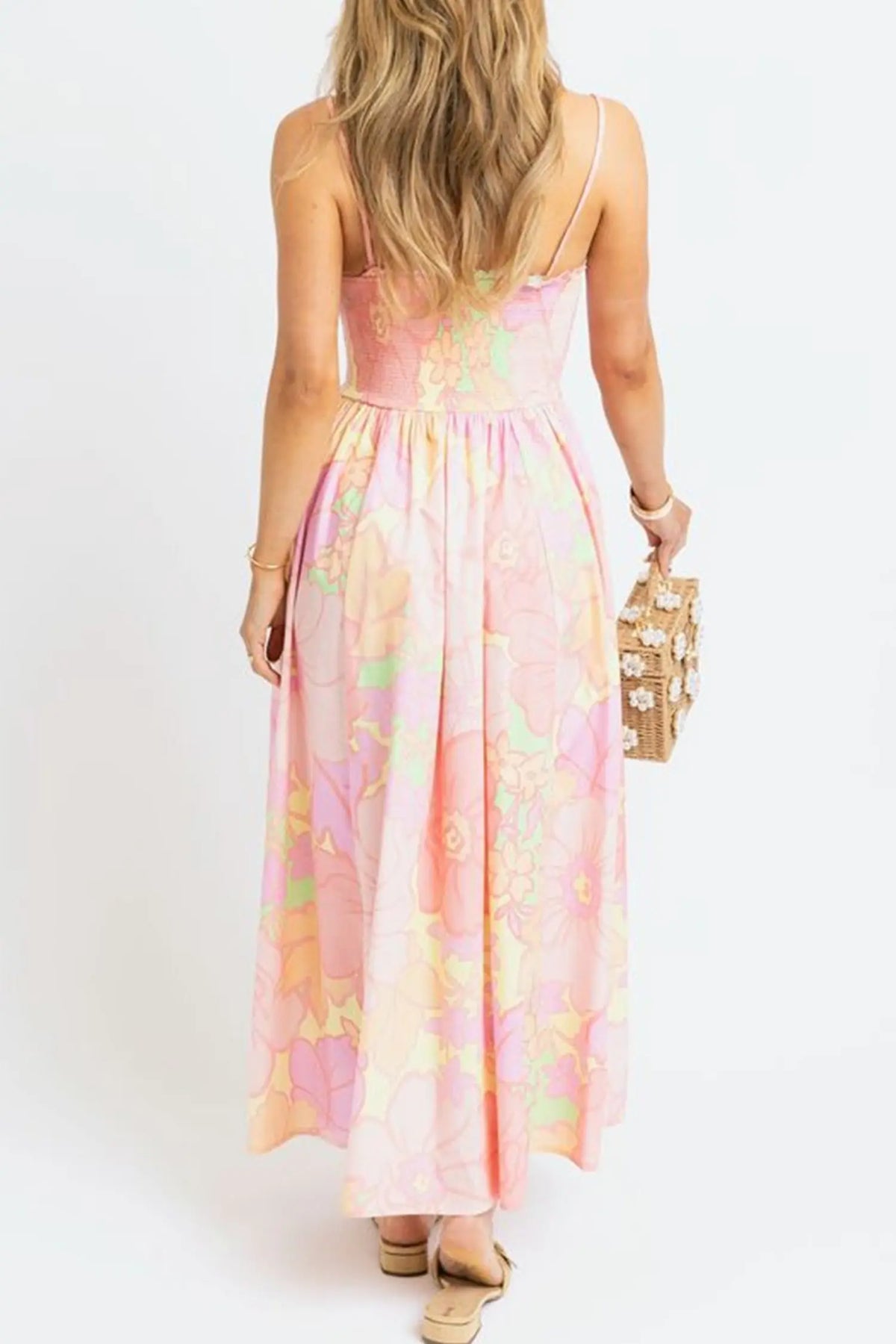 Pink Spaghetti Straps Floral Shirred High Waist Dress model back view · nz-alt-v1