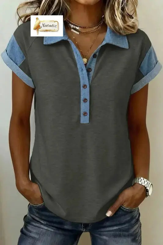 Carbon Grey Denim Color Block Patchwork Shirt Collar Short Sleeve Blouse Dear-Lover Dropshipping