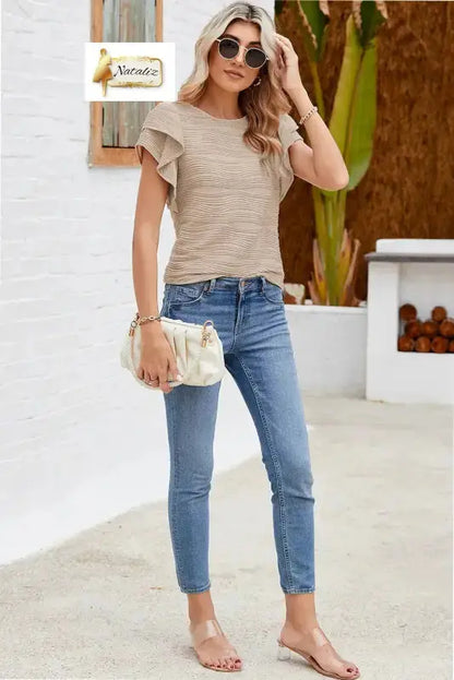 Casual Wavy Textured Ruffle Sleeve Top Nataliz