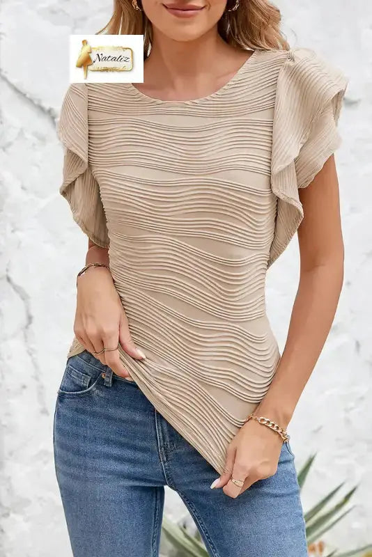 Casual Wavy Textured Ruffle Sleeve Top Nataliz