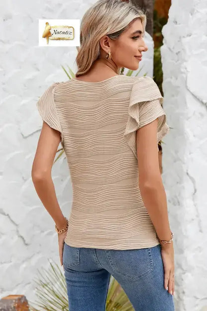 Casual Wavy Textured Ruffle Sleeve Top Nataliz