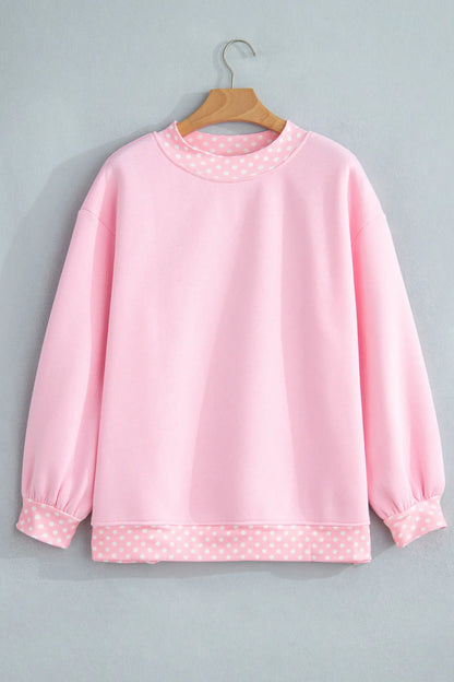 Pink Colorblock Polka Dot Contrast Trim Oversized Sweatshirt