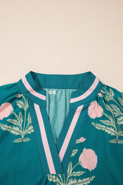 Sky Blue Casual Wild Flower Print V Neck 3/4 Sleeve Blouse Nataliz