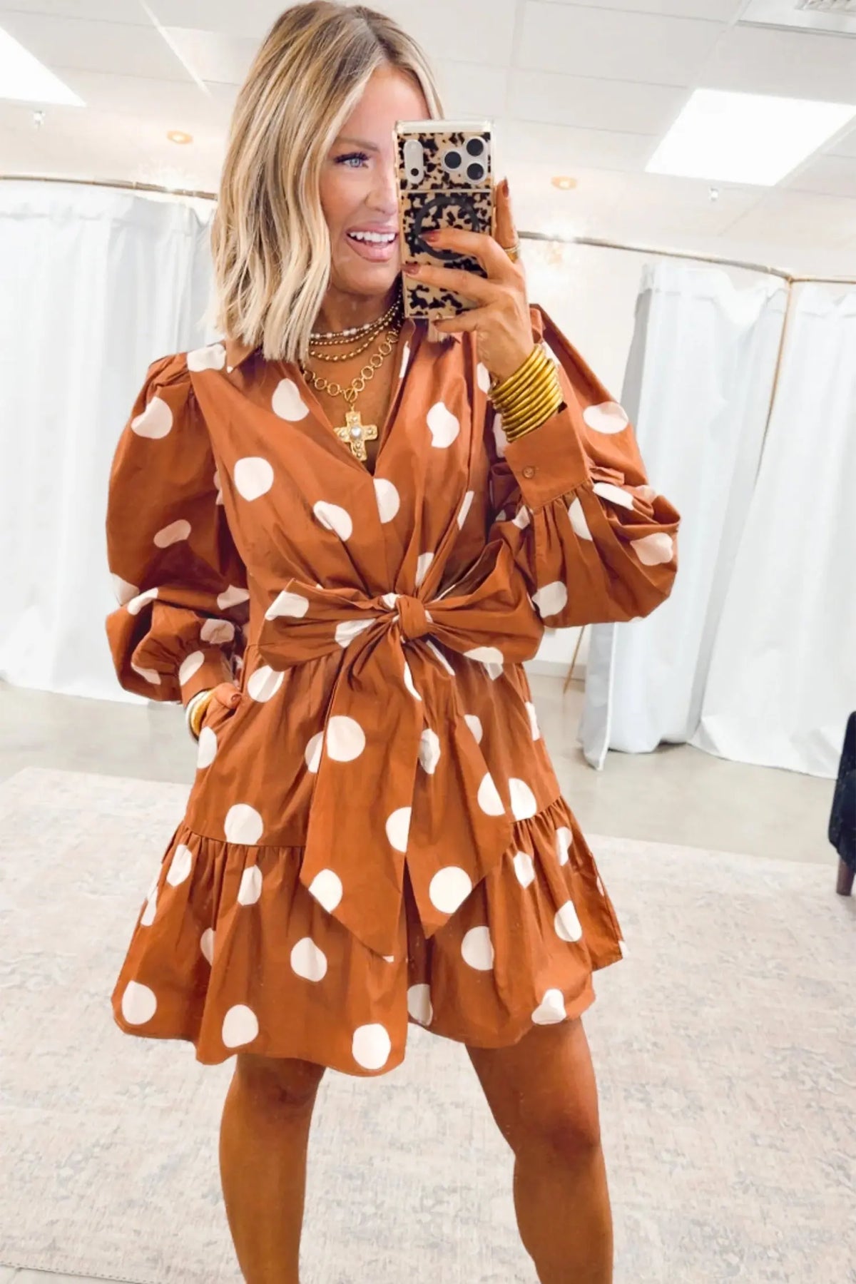 Brown Polka Dot Long Sleeve Tie Waist Casual Shift Mini Dress model front view · nz-alt-v1
