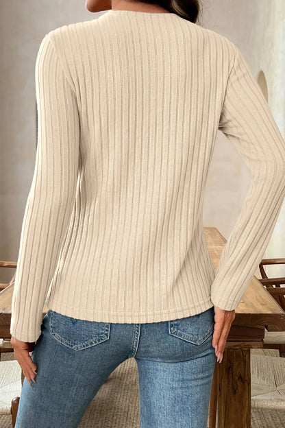 Apricot Solid Color Ribbed Knit Cowl Neck Long Sleeve Top
