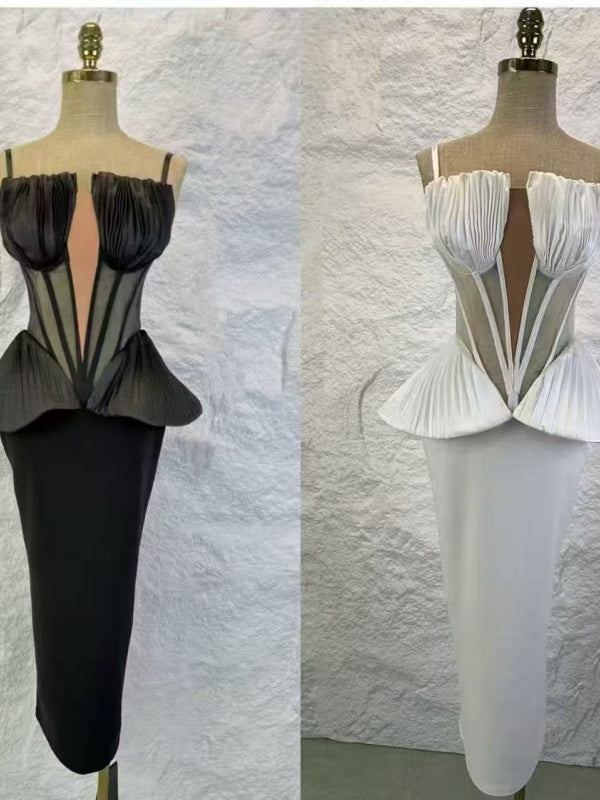 Pleated Corset Peplum Midi Dress with Sheer Panel mannequin view · nz-alt-v1