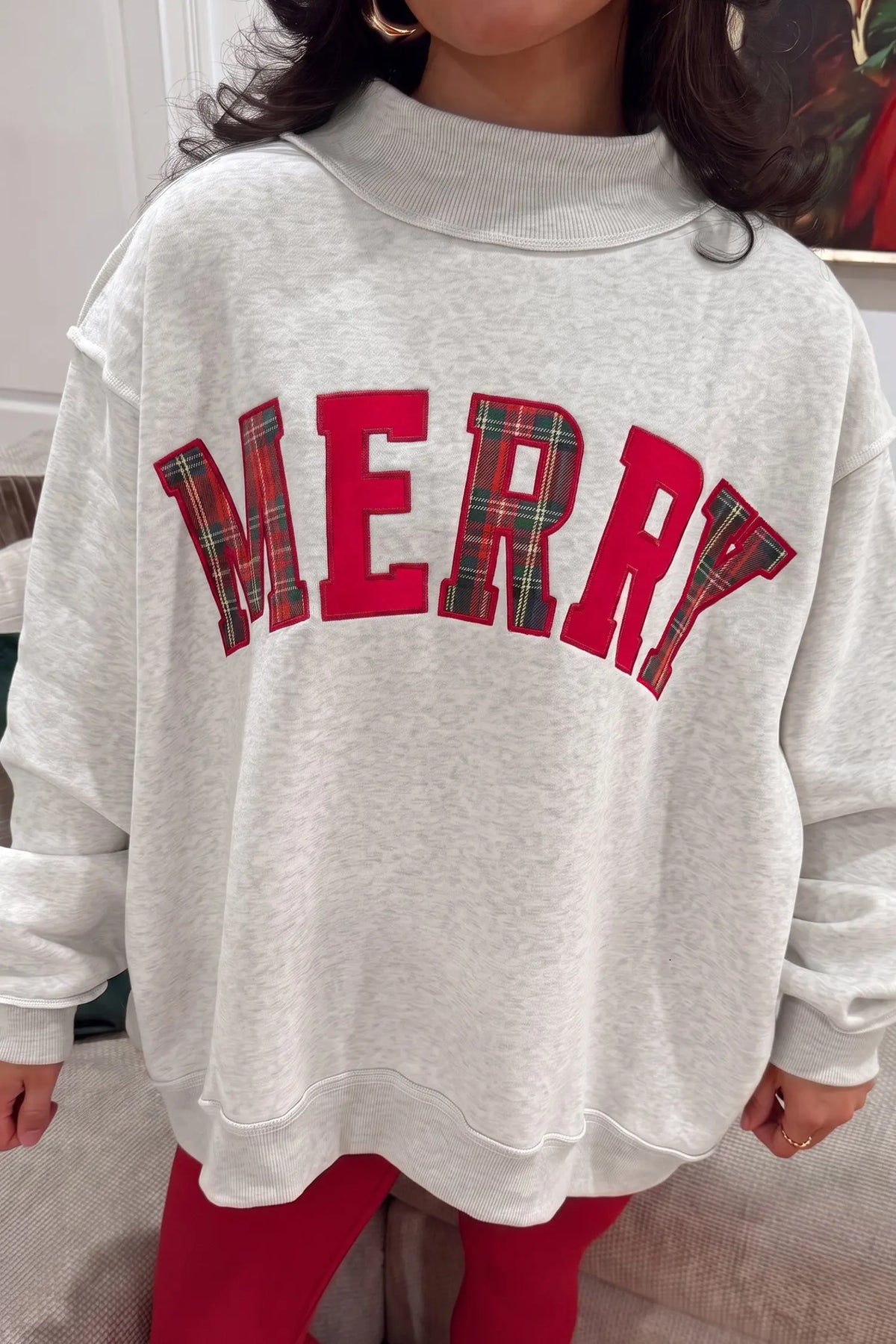 MERRY Embroidered Letter High Neck Tunic Pullover Sweatshirt