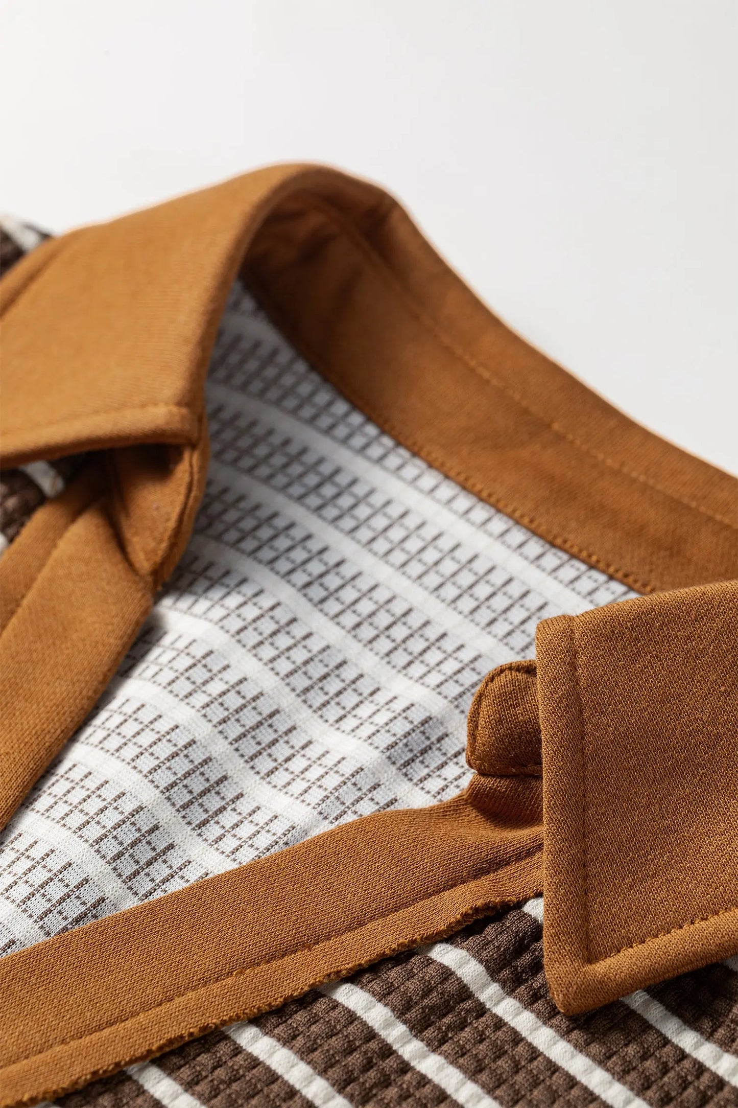 Brown Stripe Collar V Neck Color Block Detail Long Sleeve Pullover Top