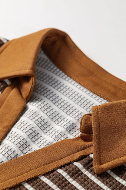 Brown Stripe Collar V Neck Color Block Detail Long Sleeve Pullover Top