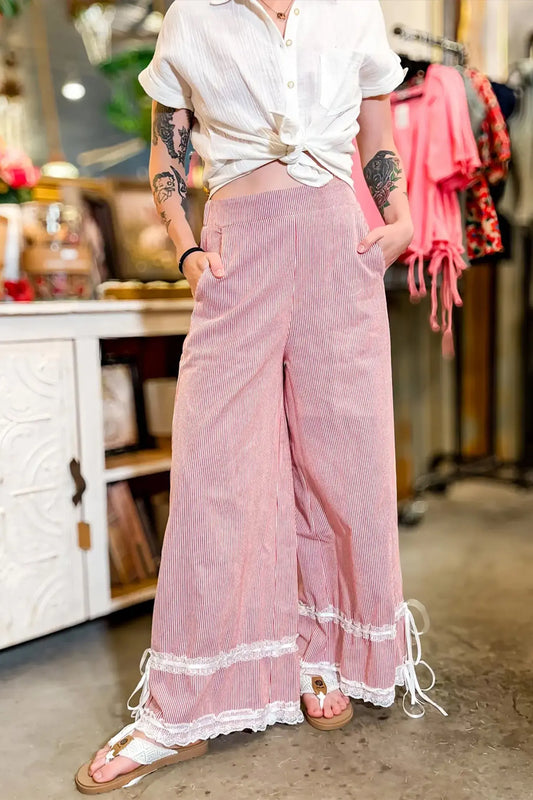 Red Stripe Contrast Lace Ribbon Tie Detail Wide Leg Pants Dear-Lover Dropshipping