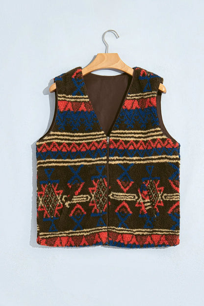 Multicolour Western Print Faux Fur Metal Zipper Insert Pockets Sleeveless Vest
