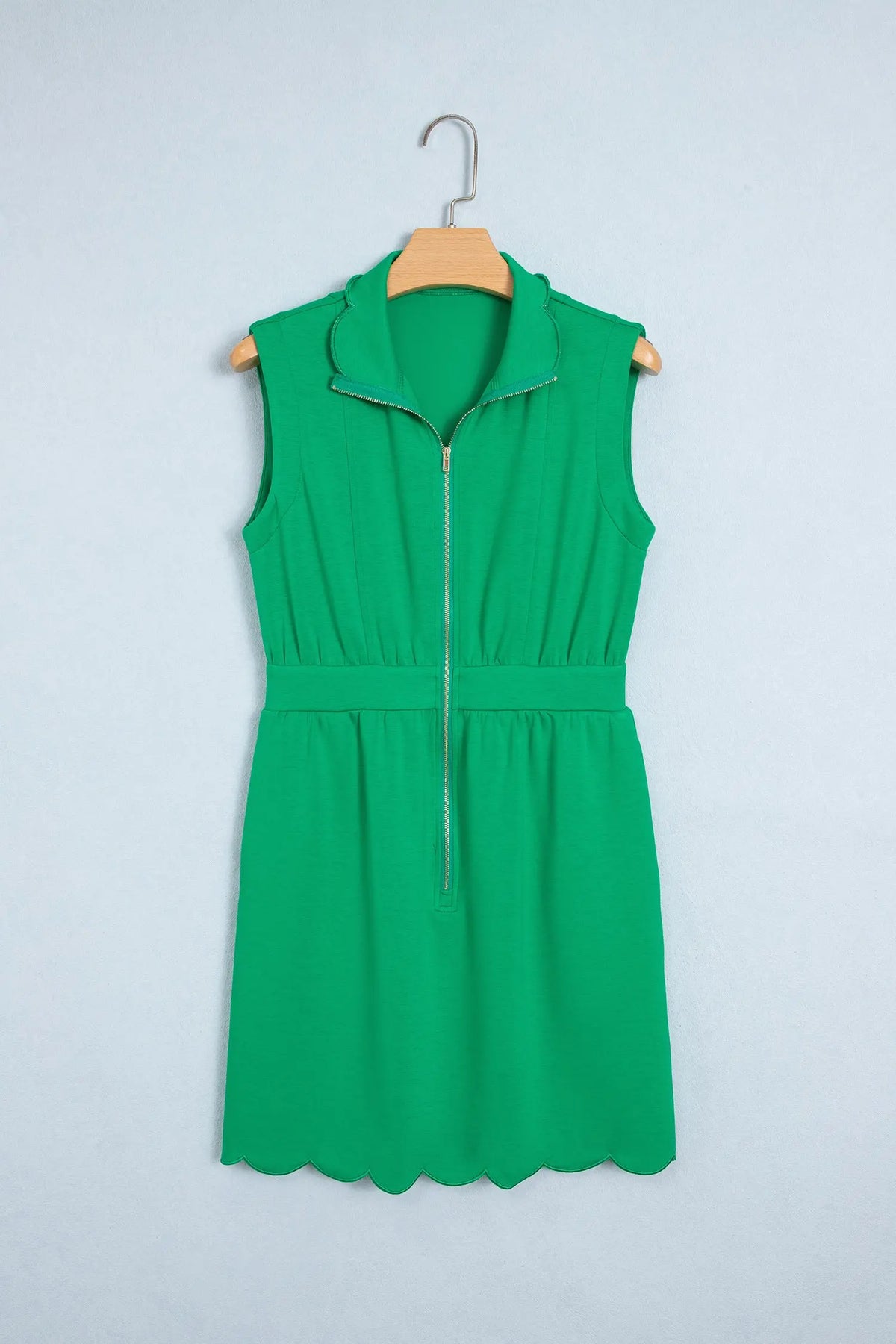 Bright Green Sleeveless Zip Front Scallop Hem Mini Dress hanging view · nz-alt-v1